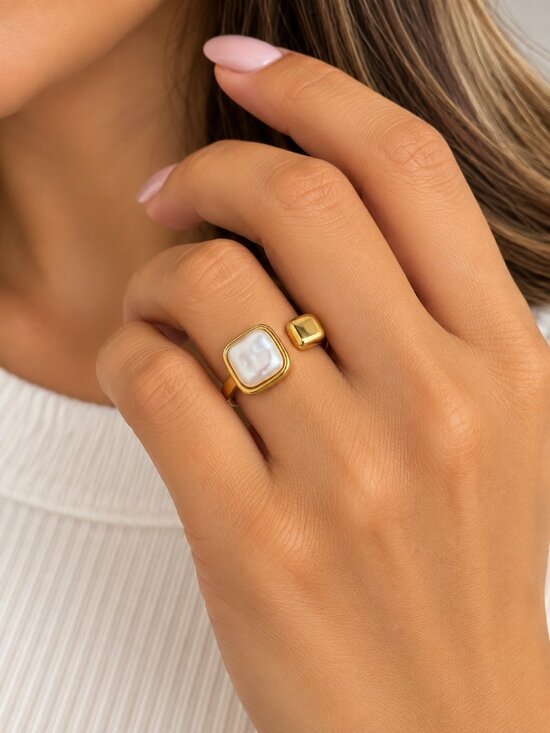 Jewelry - Gold Tone Square Pearl Chunky Open Cuff Statement Ring